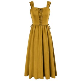 Women Summer Spaghetti Strap Sleeveless A Line Swing Dress with Pockets Turmeric S