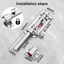 Lockable Door Bolt with Padlock Hole, V2A Stainless Steel Sliding Latch, 160 mm (6 Inch), Silver Bolt Bolt, Solid Bolt Lock, Gate Latch, Push Bolt with 16 x Screws