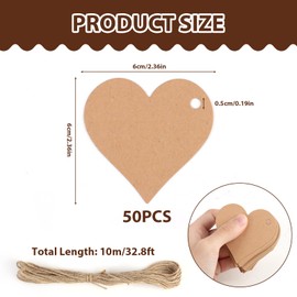 Cards for party favours, 50 heart-shaped kraft paper labels and 10 metres of string, gift wrapping, making craft items etc. (A: basic colours)