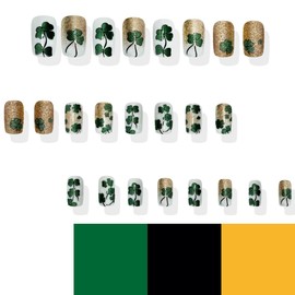 24Pcs St. Patrick Press on Nails Short Coffin Shaped Fake Nails Gold Glitter Full Cover Glue on Nails Glossy False Nails with Green Shamrock Designs Stick on Nails for Women Girls