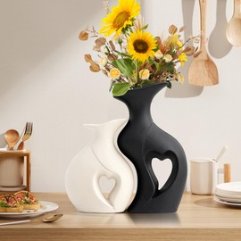 XL Black and White Vase Set of 2,Heart Shaped Ceramic Vases Home Decor,Minimalist Decorative Vases,Modern Home Decor for Wedding Dining Living Room Office Coffee Table Centerpiece