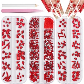Red Crystals Nail Rhinestones, Round Beads Flatback Glass Gems Stones Multi Shapes Sizes Red Rhinestones Gems Crystals for Nail DIY Crafts Clothes Shoes Jewelry