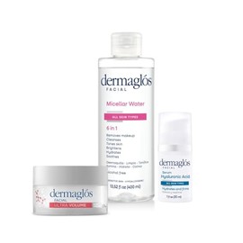 Dermaglós Set De 3 Productos Para El Cuidado Facial Dermaglos  Agua Micelar 400 Ml  Sérum De Ácido Hialurónico 30 Ml  Crema De Noche Ultra Volumen... 