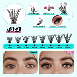 Lash Clusters Kit,Diy Eyelash Extension Kit D Curl,Individual Lashes Cluster with Lash Bond & Seal Lash Tweezer and Lash Glue Remover,Eyelashes Extensions Kit 240Pcs For Beginners(40D,D-MIX9-16|Kit)