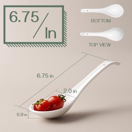 DOWAN Soup Spoons Set of 6, Ceramic Chinese Soup Spoon, Asian Soup Spoons, White Japanese Spoon Large for Ramen Pho Wonton Dumpling Miso, Deep Oval Hook Design