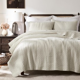 WDCOZY Beige Cross Stitch King Size Quilt Set, Netural Striped Lightweight Soft Bedspread, Channel Farmhouse Rustic Coverlet, All Season Country Bedding, Thin Comforter