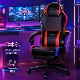Dowinx Gaming Chair with RGB Lights, LED Gaming Chair with Footrest for Adults, Ergonomic Gaming Chair with Massage Lumbar Support, Video Game Chair PU Leather Balck Red