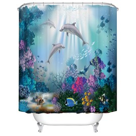 Dolphin and Ocean Life Shower Curtain, Blue Sea World Colorful Underwater Fishes Coral Ocean Animal Seabed Decorations Bath Curtain with 12 Hooks (Curtain)