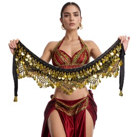 Avxzbef Belly Dance Hip Scarf Coins Fringe Skirt Coin Sash Costume with Golden Coins for Women