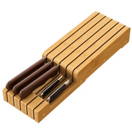 Knife Organizer Drawer Insert, In-Drawer Bamboo Wood Knife Block, Drawer Knife Storage Steak Knife Holder Without Knives, Holds up to 5 Knives