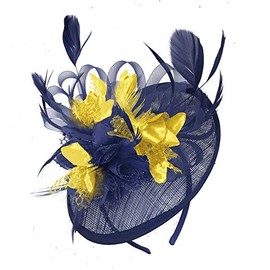 Caprilite Navy Blue and Gold Sinamay Disc Saucer Fascinator Hat for Women Weddings Headband