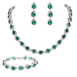 EVER FAITH CZ May Birthstone Elegant Tear Drop Necklace Earrings Bracelet Set Green Emerald-Color