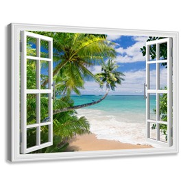 Woxfcart Beach Picture Canvas Wall Art Fake Open Window Ocean Scene Nature Landscape for Blue Teal Home Decor 36 x 24