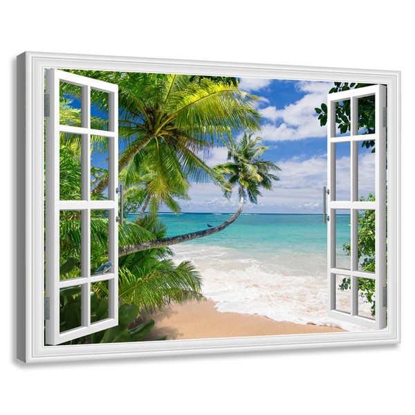 Woxfcart Beach Picture Canvas Wall Art Fake Open Window Ocean