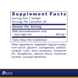 Premier Research Labs DHA - Supports Brain, Nerves, Eyes & Heart - Pure Plant Source DHA from Deep Sea Marine Algae - Gluten Free & Pure Vegan with No Added Stearates - 60 Vegetarian Softgels