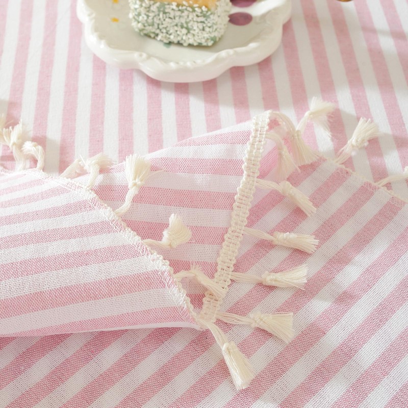 meioro Striped Tassel Table Cloth Square Kitchen Tablecloth, Pink, 90×90cm