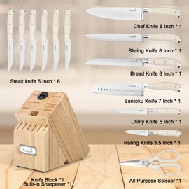 Kuisine Premium Sharp Knife Set,High Carbon Stainless Steel Ergonomic Handle,Knife Block Set with Built-in Sharpener(15PCS,Ivory)