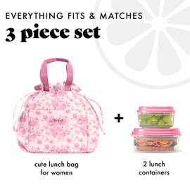 Fit & Fresh Cromwell Drawstring Lunch Bag for Women, Complete Lunch Set with 2 Containers, Stain-Resistant, Leak-Resistant, Back to School Essential, Teacher Lunchbox, Pink Floral Toile