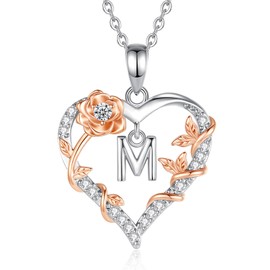 EUDORA Rose Heart Initial M Necklace for Women Letter M Alphabet Initial Necklaces Copper Rhodium Plated Pendant with Cubic Zirconia, Initials Jewelry Gifts for Women Wife 18"