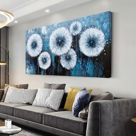 Piy Painting Modern Dandelion Wall Art for Living Room Office Navy Blue White Floral Canvas Painting Prints Flower Artwork Kitchen Bedroom Decor (20x40 Inches)