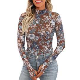 iGENJUN Lace Long Sleeve Shirts Floral Mesh Mock Neck Going Out Tops for Women Business Casual Fashion Fall Outfits 2025, Floral Coffee,M