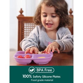 BABELIO Powerful Suction Plates for Baby and Toddler, 100% Food Grand Silicone, Divided, BPA Free, Microwave & Dishwasher Safe, Stay Put, 3 Pack