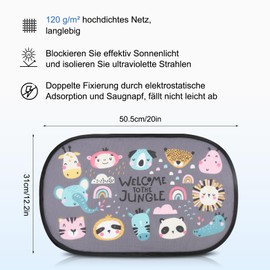 Auto Sonnenblende mit 8 Saugnäpfen 44x36cm - Auto Fenster Seitenfenster Sonnenschutz Autosonnenblende Seitenscheibe für Baby Kinder Mädchen Jungen (Graue Tiere)