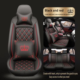 LOVJOYSE Crown Car Seat Covers Full Set, Premium Leather Waterproof Anti-Slip Automotive Interior Protector for Cars, SUVs, Pickup, Trucks & Sedans (Black+Red Line)