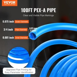 3/4 Inch 100 Feet PEX-A Flexible Tubing Easy-to-Install 100% Recyclable Hot/Cold Water Lines Potable Water PEX Pipe forPipe Diameter: 3/4 inch, Color: Blue Color
