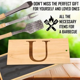Initial U BBQ Set: Uniquely Designed for "U" with Premium Tools - Spatula, Tongs & Fork, Engraved Elegance in a Box, Ideal for Unique Personalization