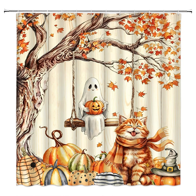 AEMBEE Fall Halloween Shower Curtain Cute Cat with Ghost Thanksging