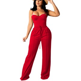 Bluewolfsea Women Cute Two Piece Outfits Summer Sets Spaghetti Strap Camisole Crop Top Wide Leg Long Pants Set Medium Red