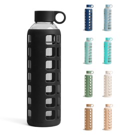 purifyou 40oz / 32oz / 22oz / 12oz Borosilicate Glass Water Bottle with Time & Volume Markers, Silicone Sleeve, Stainless Steel Lid | Reusable Glass Bottle for Water & Juice (32oz Jet Black)