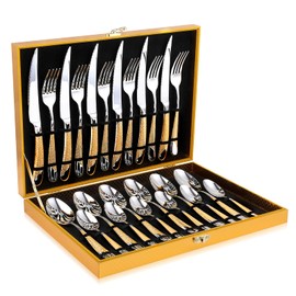 OGORI Hammered Silver Gold Silverware Set, OGORI 24-Piece 18/10 Stainless Steel Flatware Set, Service of 6