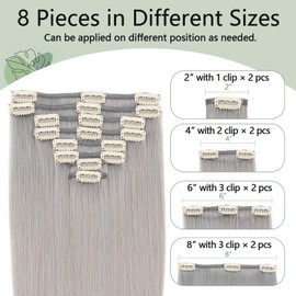 Clip in Hair Extensions Human Hair S-noilite Gray Human Hair Short Hair Clip in Extensions Full Head 8 Pieces/18 Clips 100% Real Human Hair Silky Straight 10"-65g Light Gray (#G1)