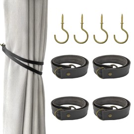 Classic Leather Curtain Tiebacks, 4Pcs Retro Leather Curtain Holdbacks No-Drilling Holdbacks Rope for Home Living Room Bedroom Office Decorative (Black)