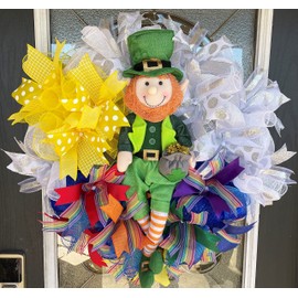 XL Leprechaun Rainbow St. Patrick's Day Deco Mesh Front Door Wreath, Outdoor Indoor Porch Patio Wall Decor, Spring Decoration, Shamrock