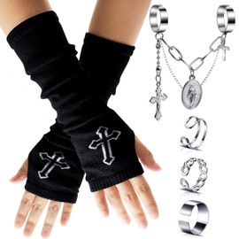 Henoyso Women Goth Arm Sleeve Fingerless Goth Arm Warmers Cool Black Hip Hop Gloves Punk Chain Finger Rings Adjustable Gothic Rings Goth Accessories Y2k Aesthetic Jewelry One Size