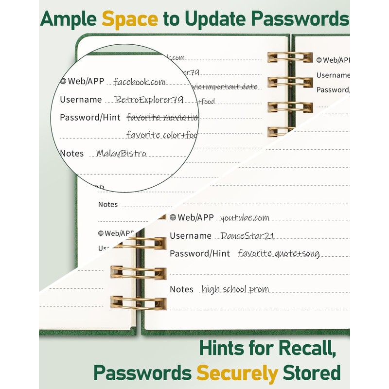 WEMATE Spiral Password Book with Alphabetical Tabs, Small, for Seniors,