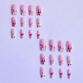24Pcs Valentines Press on Nails Long Square Fake Nails with White French Tip Design Red Flame Heart False Nails Glossy Nude Pink Full Cover Artificial Glue on Nails Valentine's Day Nails for Women DIY