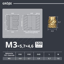 Dayalo M3 Thread Insert, Pack of 100 M3 x 5.7 x 4.6 Press-in Nuts for 3D Printing Accessories, Brass Threaded Sockets, Can be Used by Heat in 3D Printing Plastic Parts