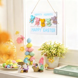 KOYILTD Easter Decorations, Multicolor Wooden Hanging Bunny Door Sign with Happy Easter Greeting, Rustic Vintage Farmhouse Style Wall Decor for Home, Spring Holiday Ornaments (Minimalist)