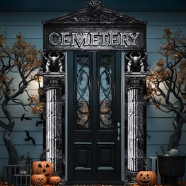 3pcs Halloween Cemetery Door Cover Decorations Cemetery Archway Photography Backdrop Halloween Tombstone Gothic Archway Hanging Banner for Spooky Touch Outdoor Haunted House Door Decor Party Supplies