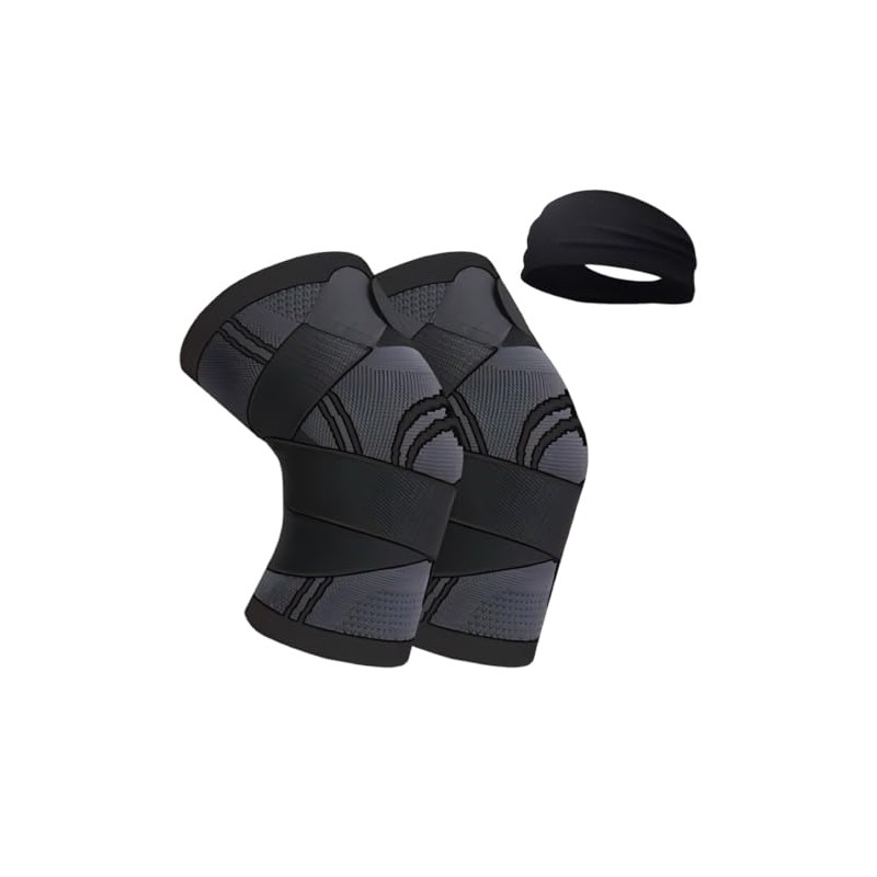 膝サポーター ２枚セット + ヘアバンド スポーツ用 怪我防止 通気性伸縮性 ランニング 男女左右兼用 黒