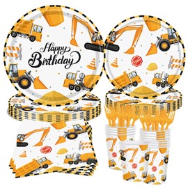 Construction Party Supplies Set - 120 Pcs Dump Truck, Excavator, Bulldozer Plates, Cups, Napkins Forks Tableware for Boys Kids Birthday Party Supplies, Construction Theme Decorations