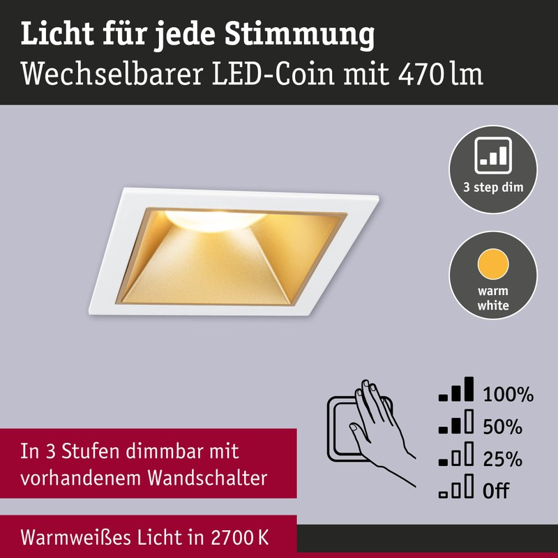 Paulmann Cole 93130 LED Recessed Light 3-Step-Dim IP44 Square 88