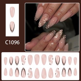 Fall Press on Nails Medium Almond Fake Nails With Brown French Tip Glue on Nails Press ons Design Autumn Flowers Acrylic Nails Full Cover Reusable Thanksgiving Stick on Nails for Women Manicure 24 Pcs