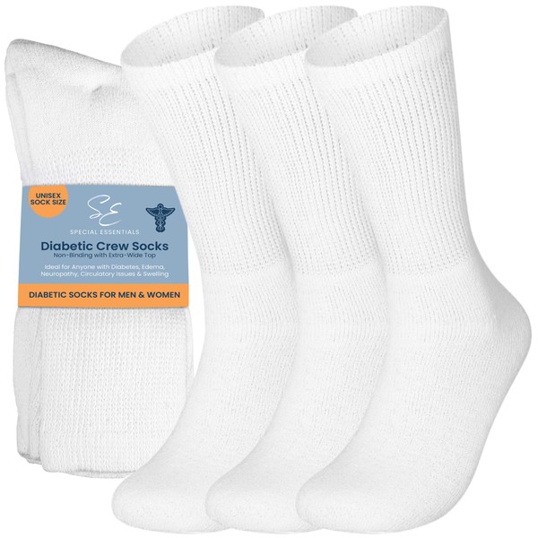 Special Essentials 3 Pairs Cotton Diabetic Crew Socks - Non-Binding Wide Top Comfort & Support for Men & Women (as1, alpha, l, regular, regular, White)