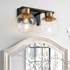 PAZALA Vanity Lights for Bathroom Gold Wall Light Fixtures Over Mirror with Clear Globe Glass Shade (2 Lights-Exclude Bulb)