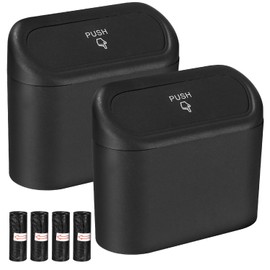 Zhufas Pack of 2 Car Bin with 80 Pieces Car Rubbish Bags Car Bin Small, Car Rubbish Bin with Lid, Hanging Storage Box, Car Accessories (Black)